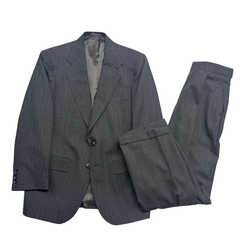 vtg 90s Stafford 38S 30x28 Gray Pinstripe 2pc Pant Suit USA Made Worsted Wool